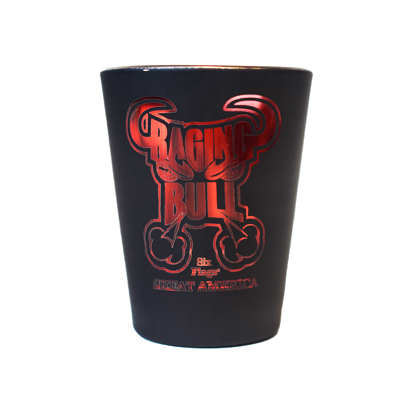 RAGING BULL MATTE BLACK SHOT GLASS (SIX FLAGS GREAT AMERICA)