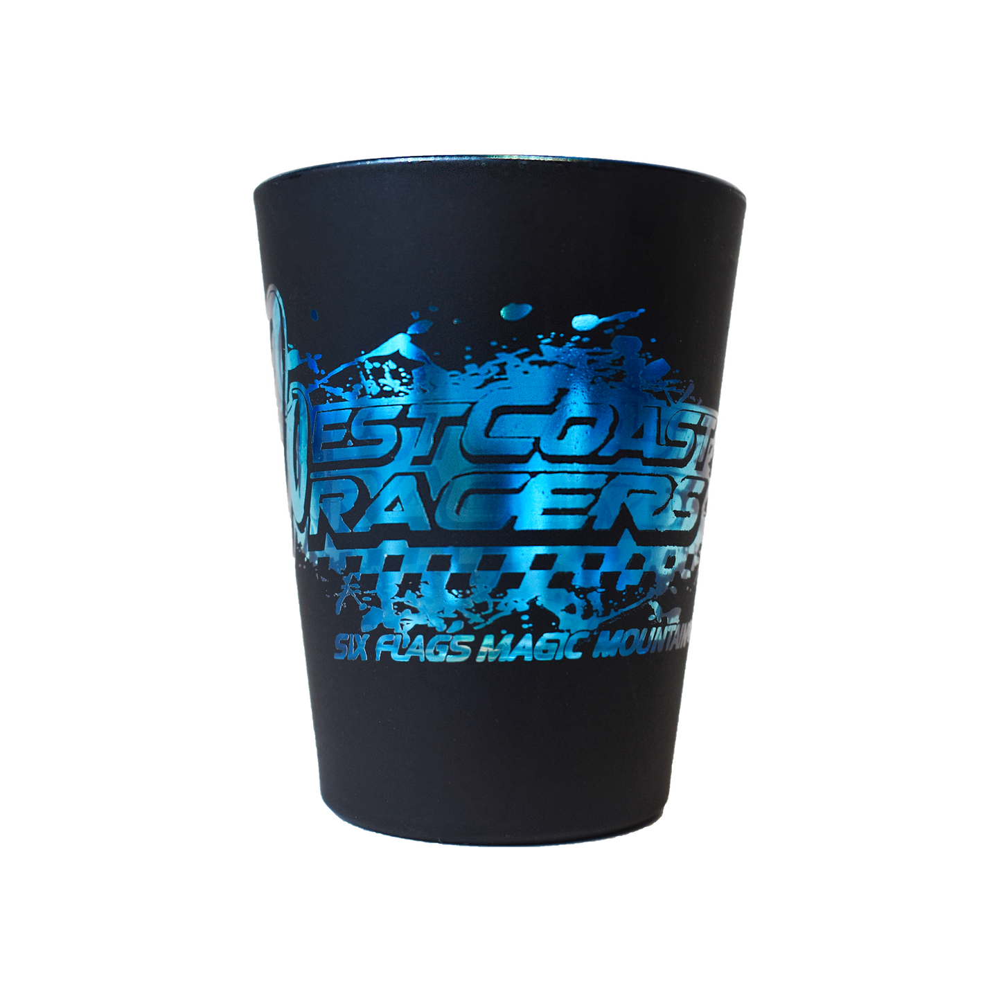 WEST COAST RACERS MATTE BLACK SHOT GLASS (SIX FLAGS MAGIC MOUNTAIN)