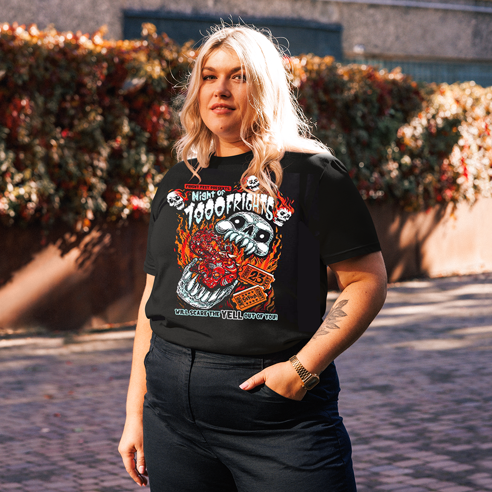 girl outside wearing 1000 Frights Tee