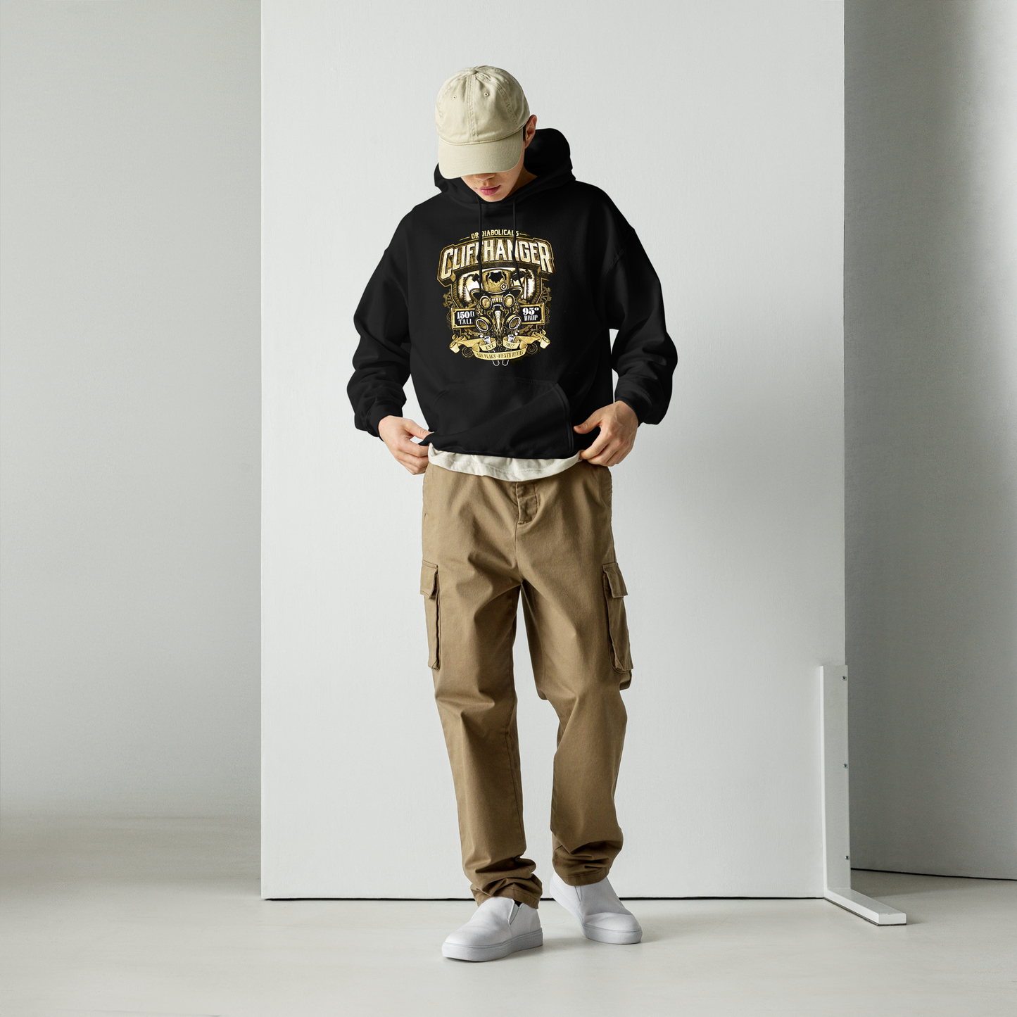 guy wearing Dr. Diabolical's Cliffhanger Ride Hoodie