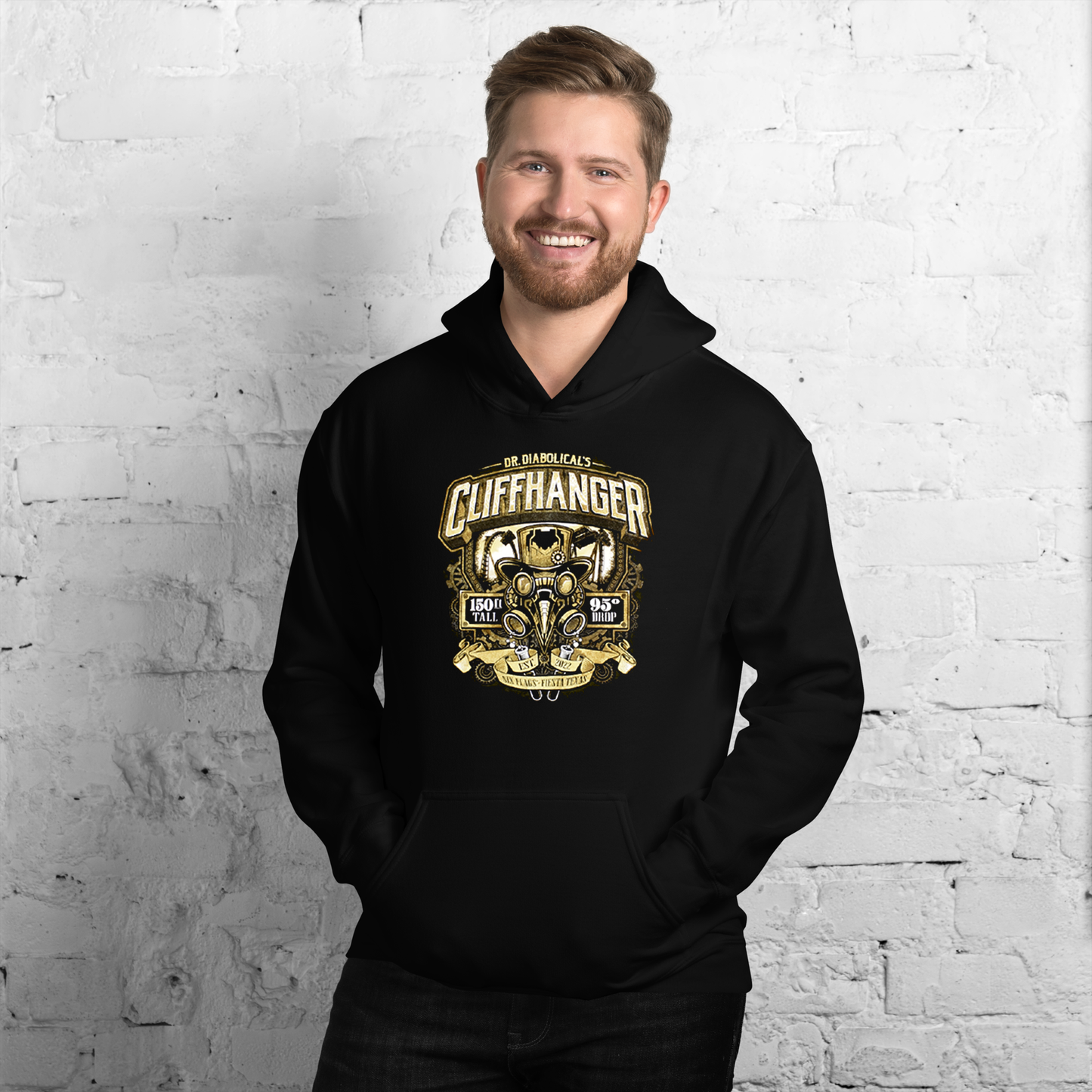 guy wearing Dr. Diabolical's Cliffhanger Ride Hoodie with hands in pockets