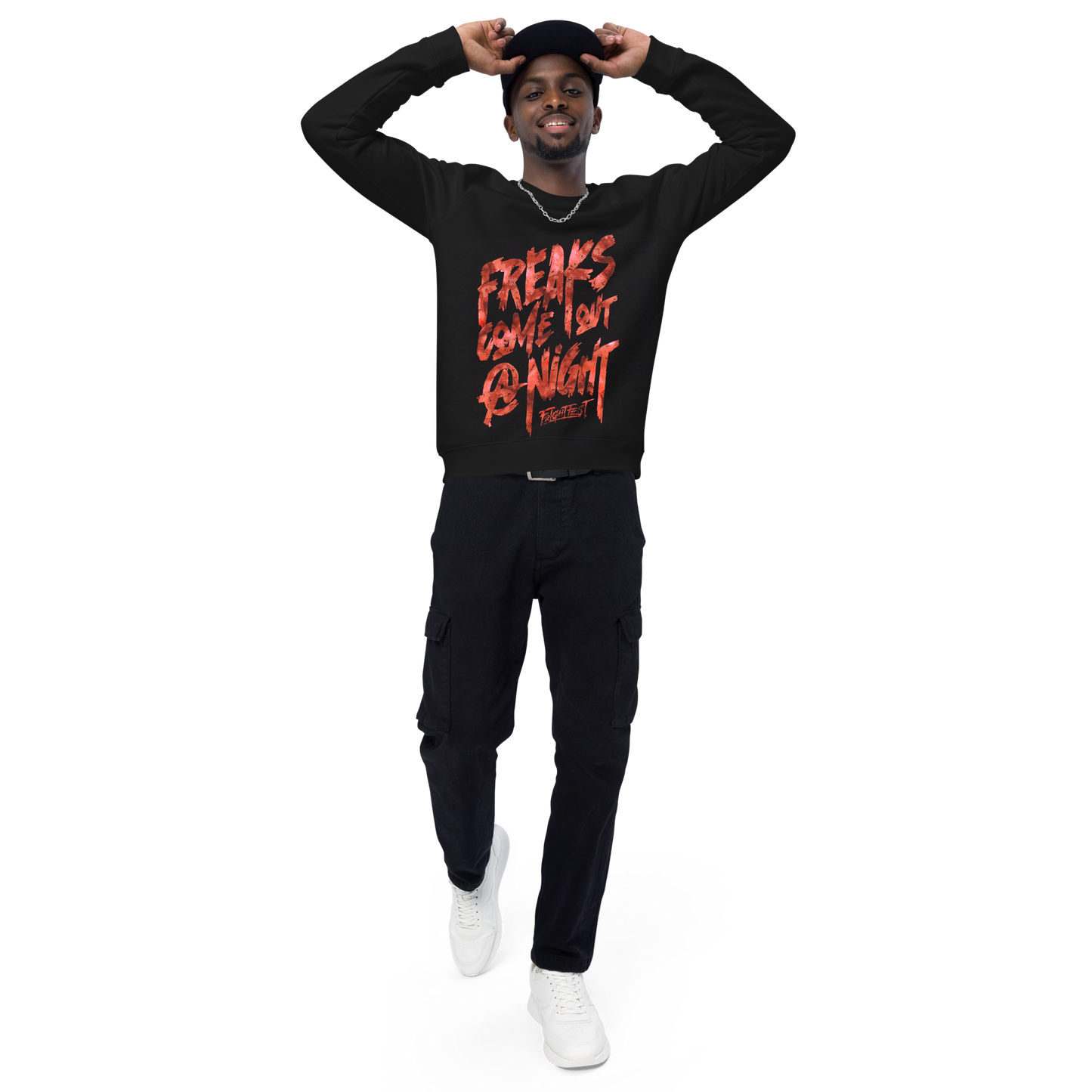 guy wearing Freaks Come Out Crewneck