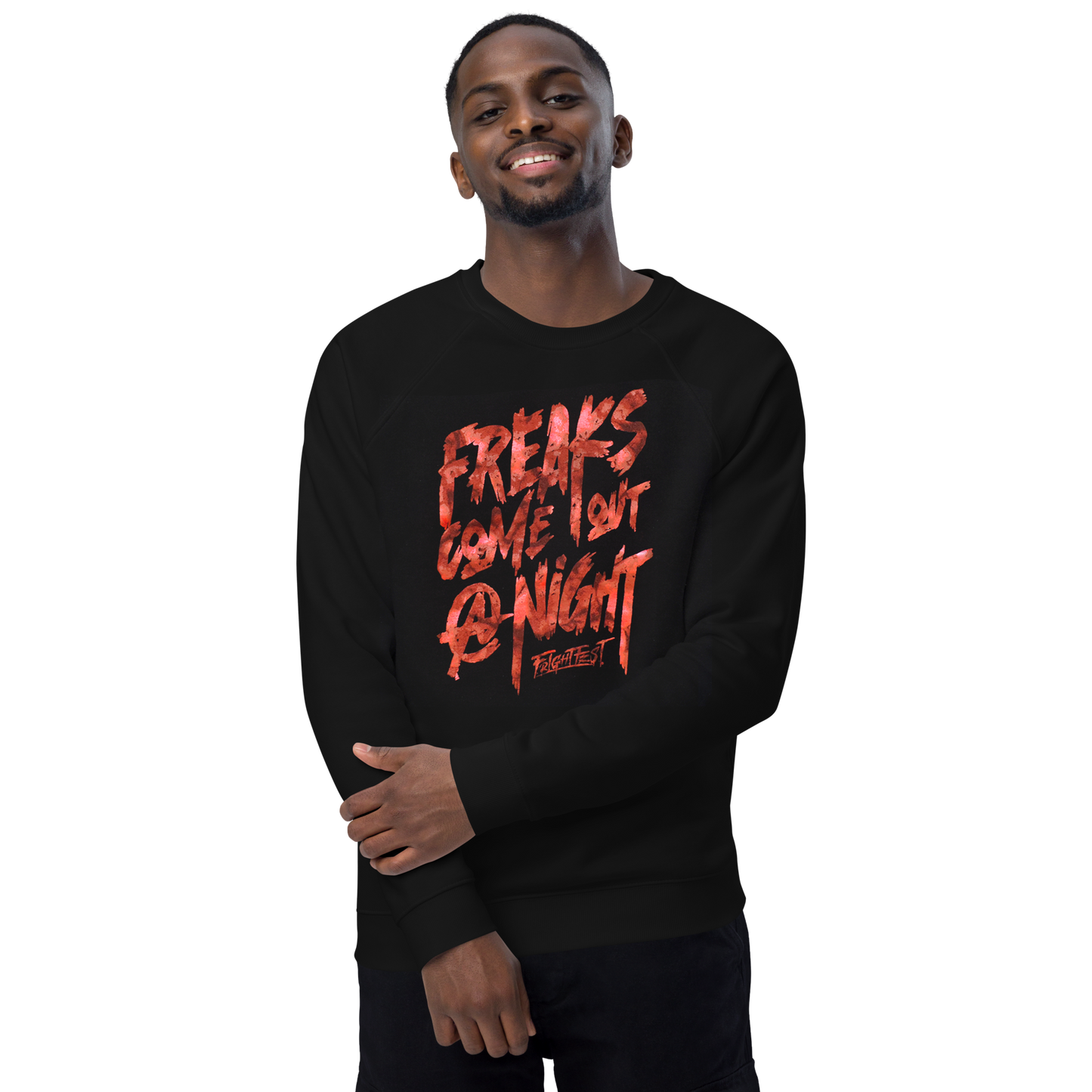 guy wearing Freaks Come Out Crewneck