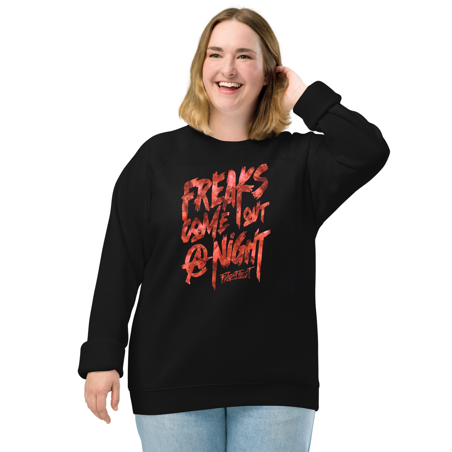 girl wearing Freaks Come Out Crewneck