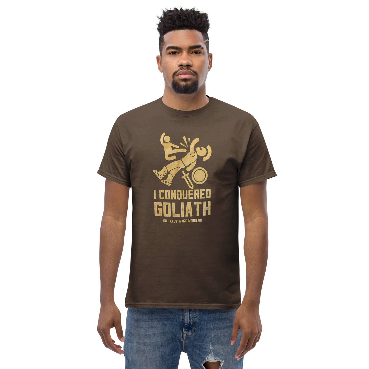 guy wearing I Conquered Goliath Ride Tee