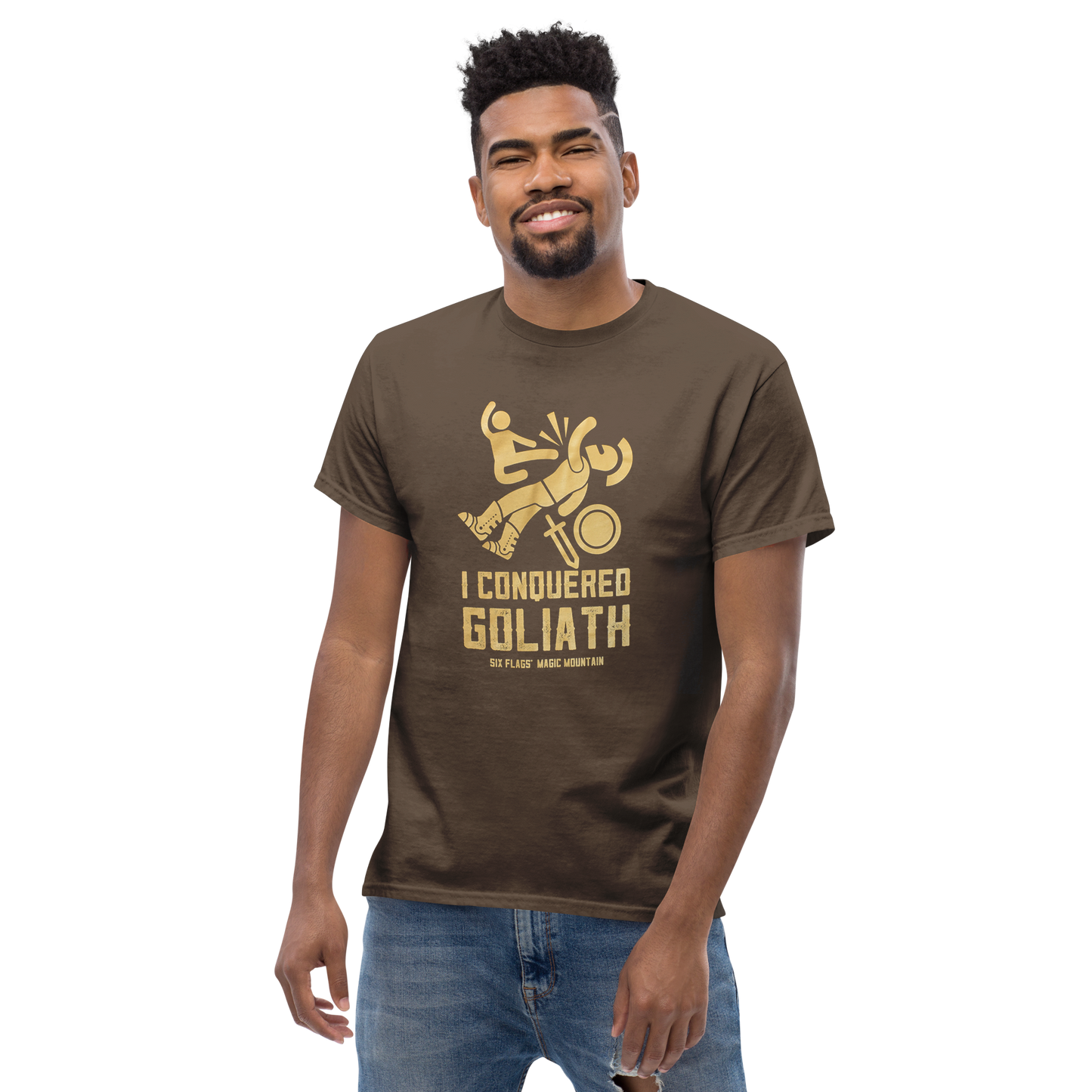 guy wearing I Conquered Goliath Ride Tee