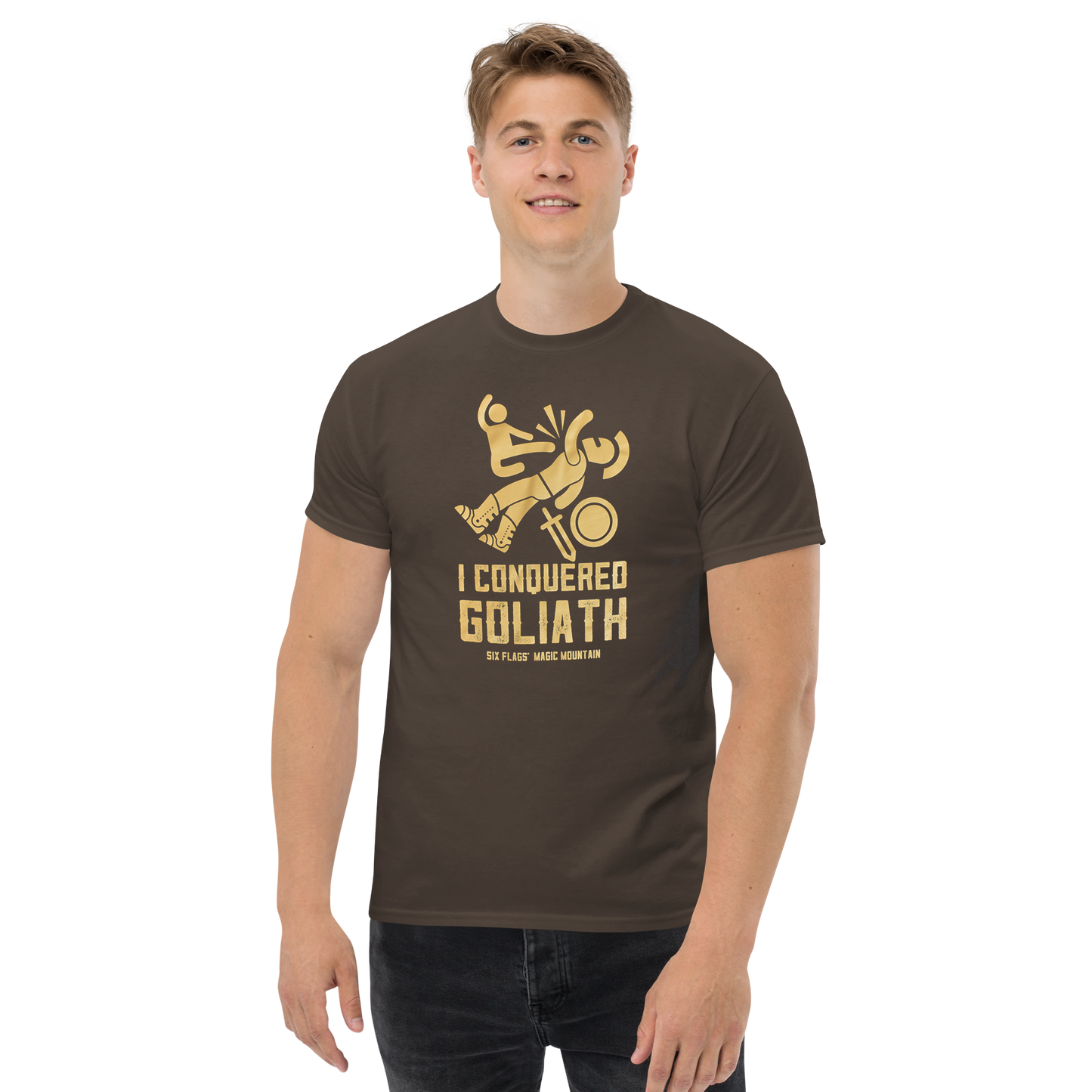 guy wearing I Conquered Goliath Ride Tee