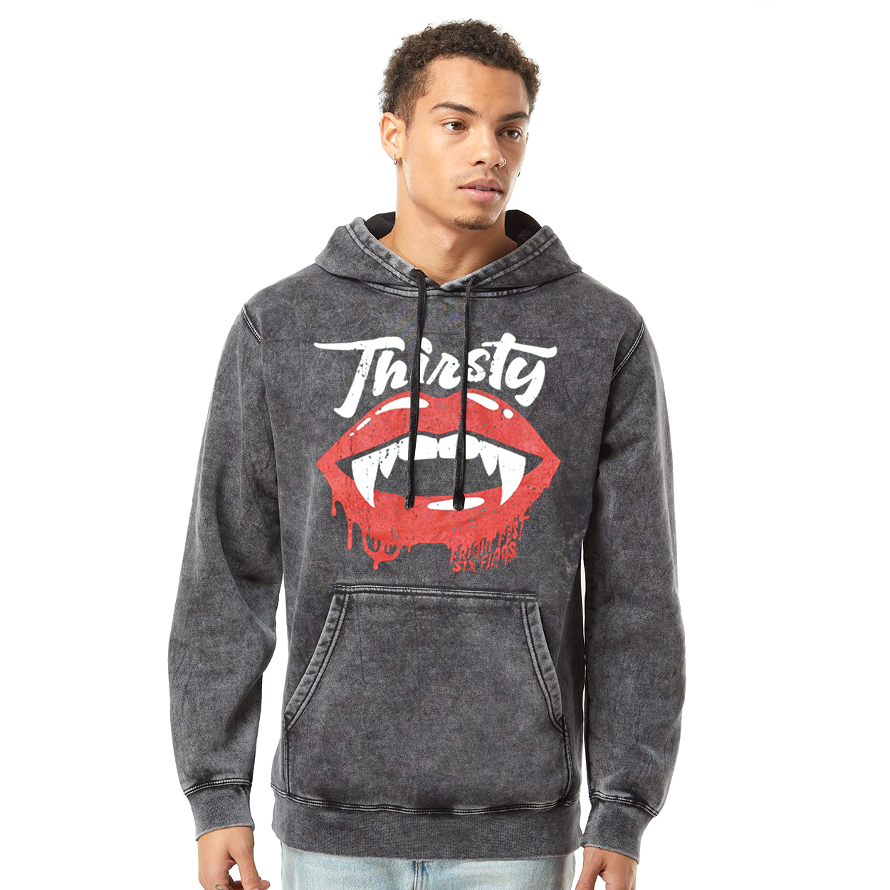 Person wearing Thirsty Vintage Wash Hoodie