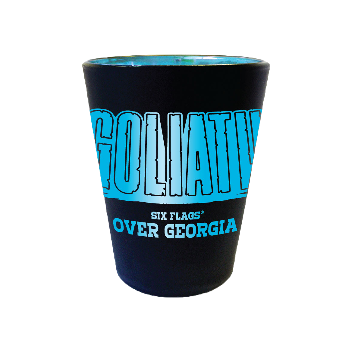 GOLIATH MATTE BLACK SHOT GLASS (SIX FLAGS OVER GEORGIA)