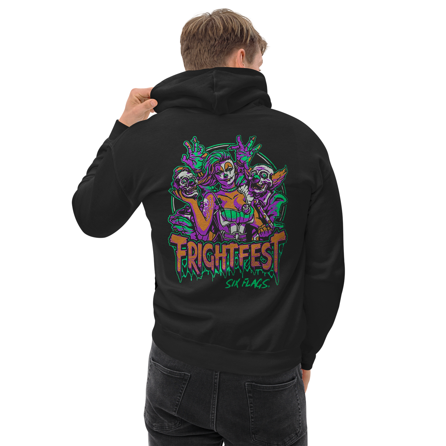 guy wearing Spiderella By Night Hoodie back view