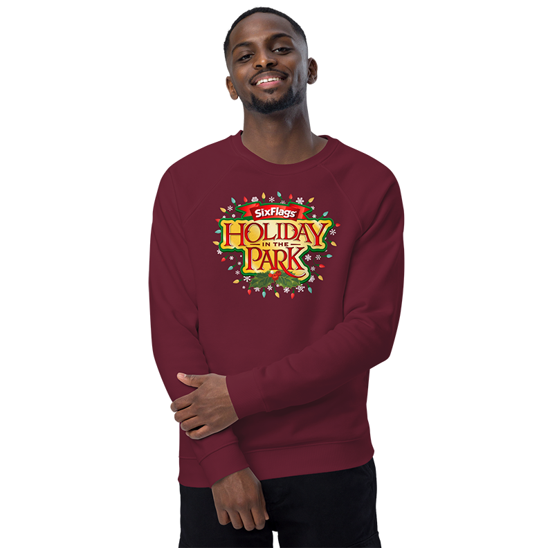 guy wearing Holiday in the Park Unisex Sweatshirt - Maroon
