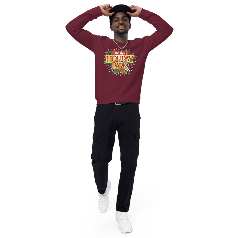 guy wearing Holiday in the Park Unisex Sweatshirt - Maroon