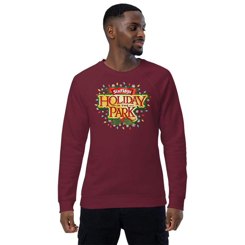 guy wearing Holiday in the Park Unisex Sweatshirt - Maroon