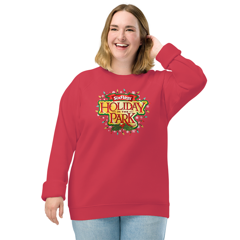 girl wearing Holiday in the Park Unisex Sweatshirt - Red