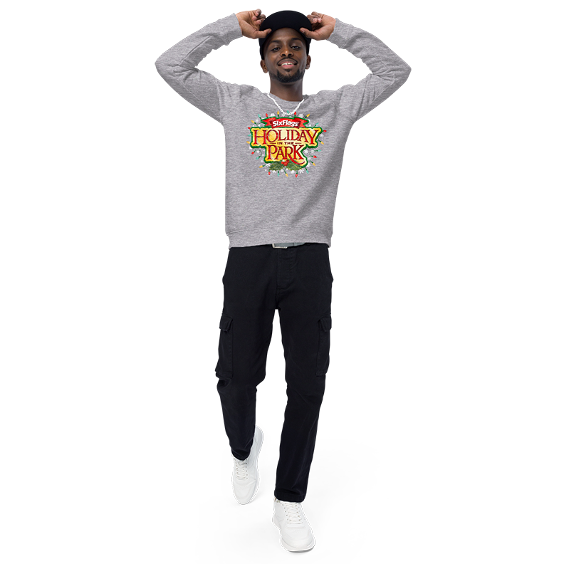guy wearing Holiday in the Park Unisex Sweatshirt - Grey