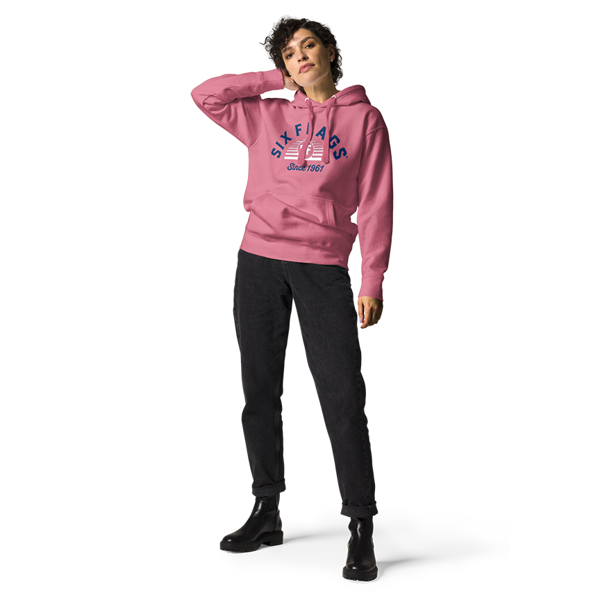 woman wearing Six Flags Sunrise Hoodie - Pink