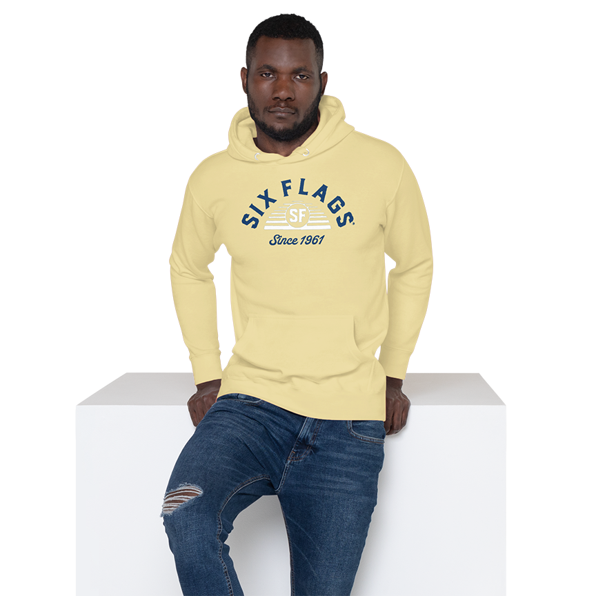 guy wearing Six Flags Sunrise Hoodie - Yellow