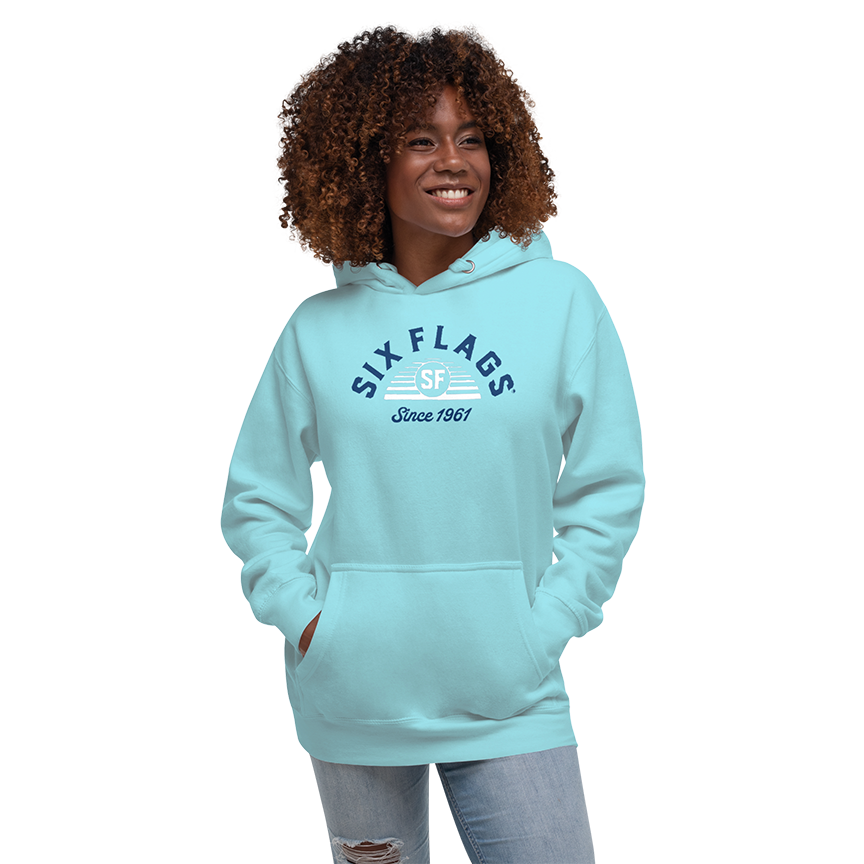 woman wearing Six Flags Sunrise Hoodie - Mint