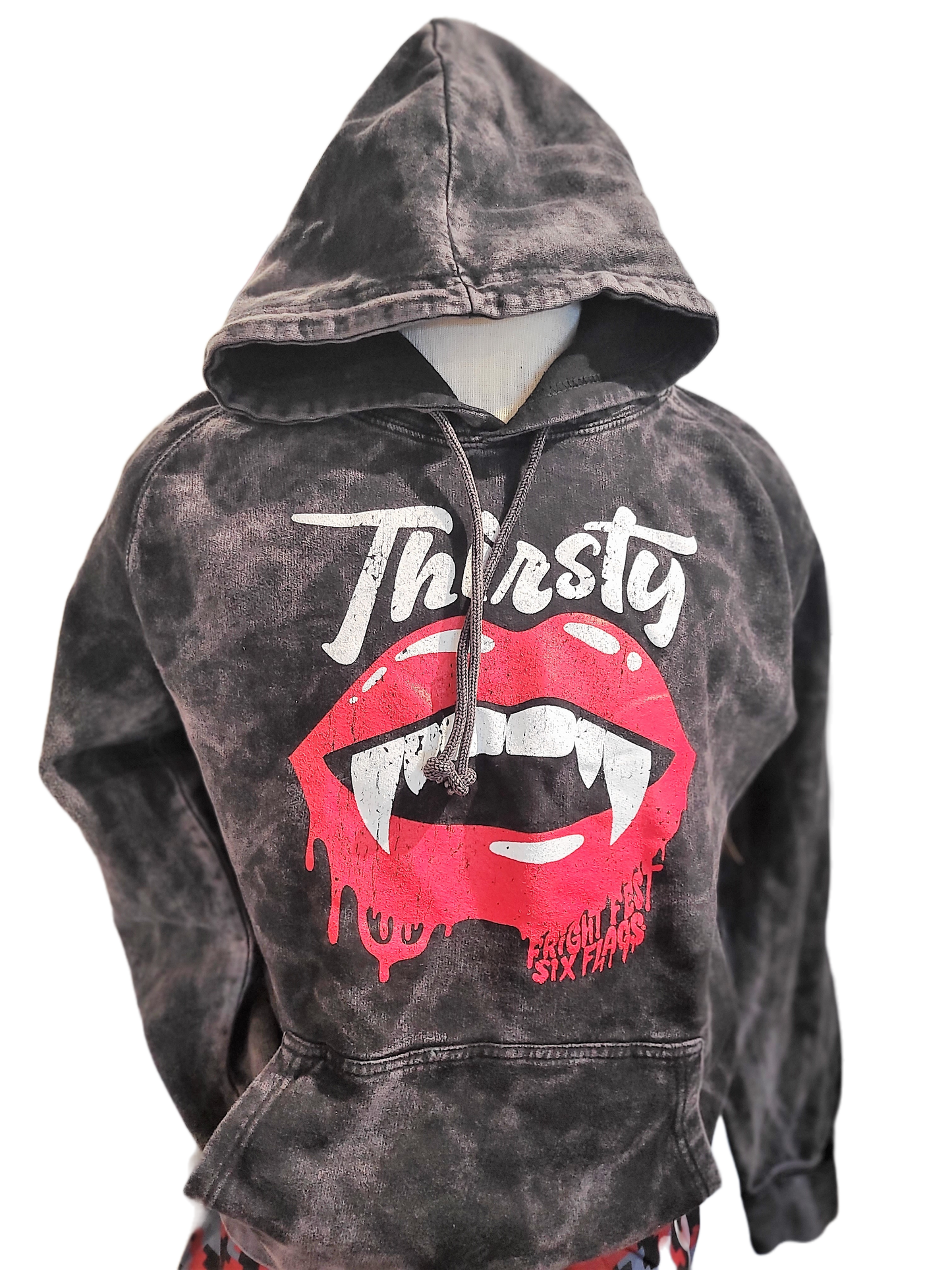 model display of Thirsty Vintage Wash Hoodie