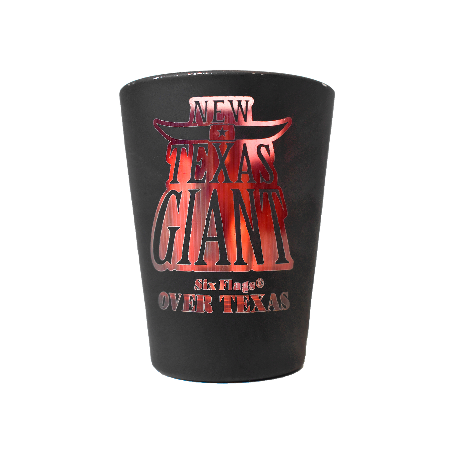 TEXAS GIANT MATTE BLACK SHOT GLASS (SIX FLAGS OVER TEXAS)
