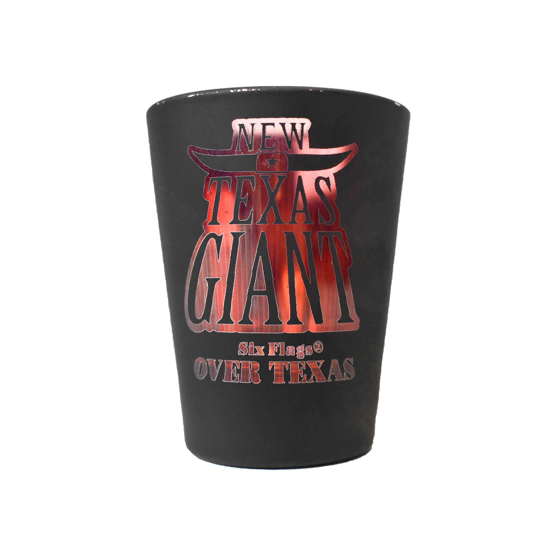 TEXAS GIANT MATTE BLACK SHOT GLASS (SIX FLAGS OVER TEXAS)