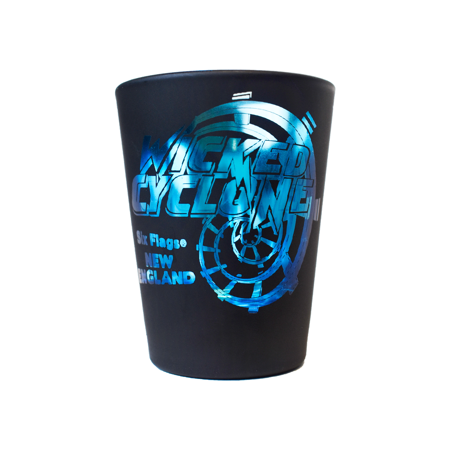 WICKED CYCLONE MATTE BLACK SHOT GLASS (SIX FLAGS NEW ENGLAND)
