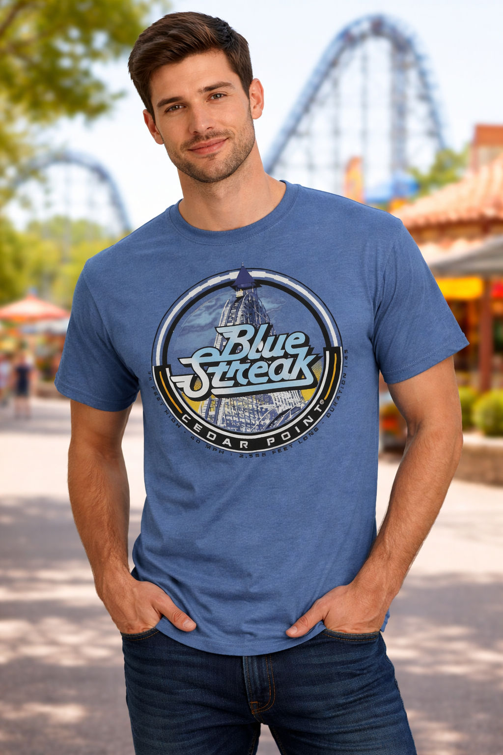 CEDAR POINT BLUE STREAK CIRCLE SIGN INDIGO TEE – FUN MERCHANDISE ONLINE ...