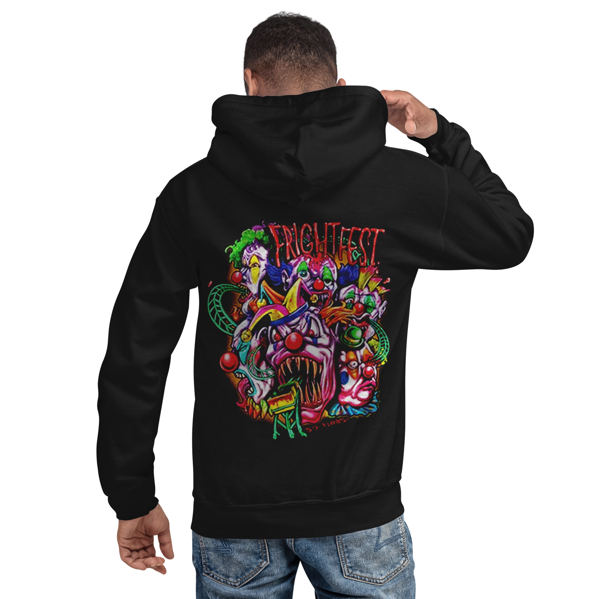 person wearing Crazy Clown Cluster Hoodie back view