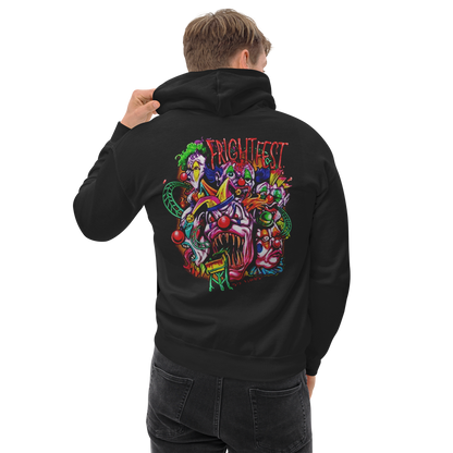 person wearing Crazy Clown Cluster Hoodie back view