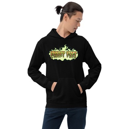 person wearing Frightening Trio Hoodie front view