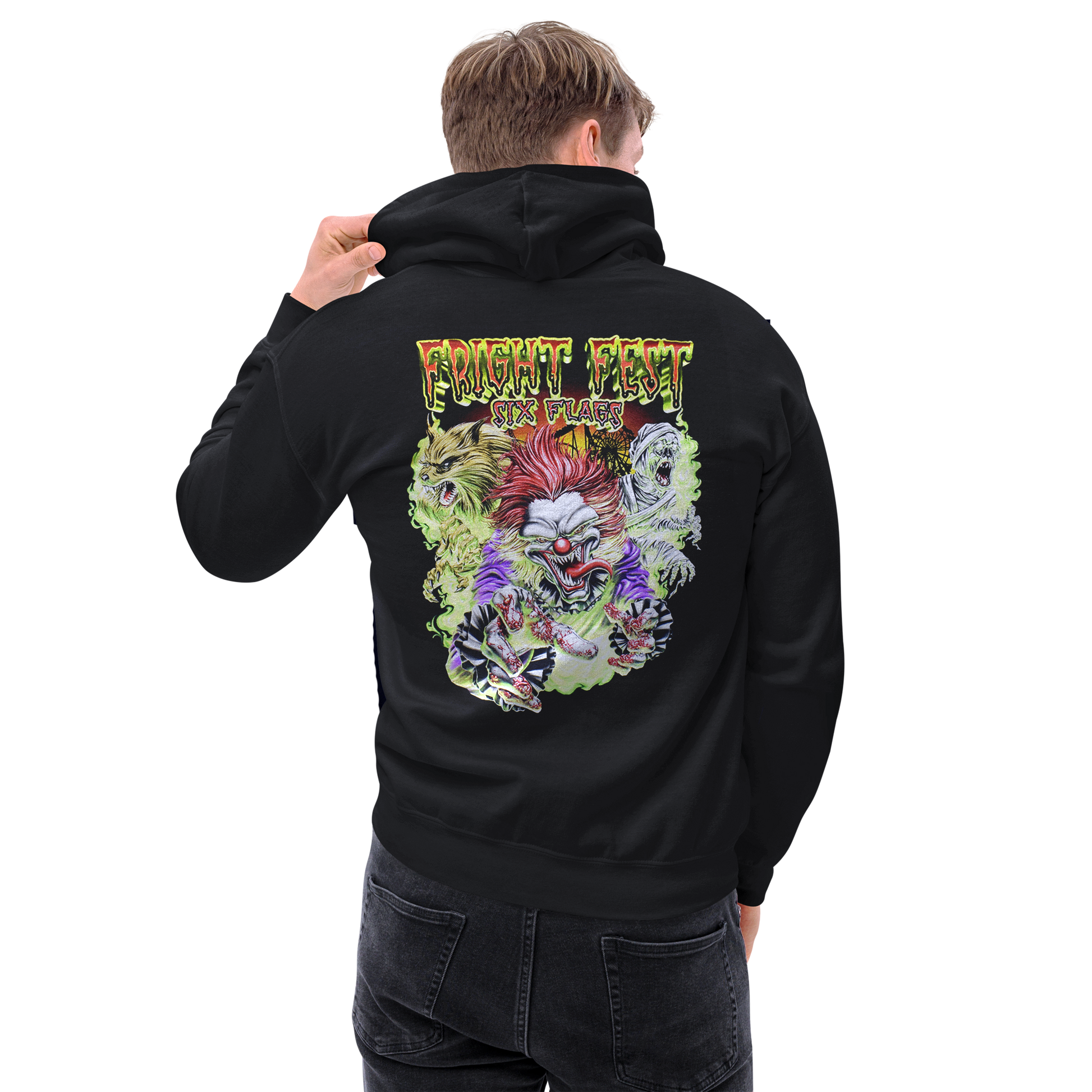 person wearing Frightening Trio Hoodie back view