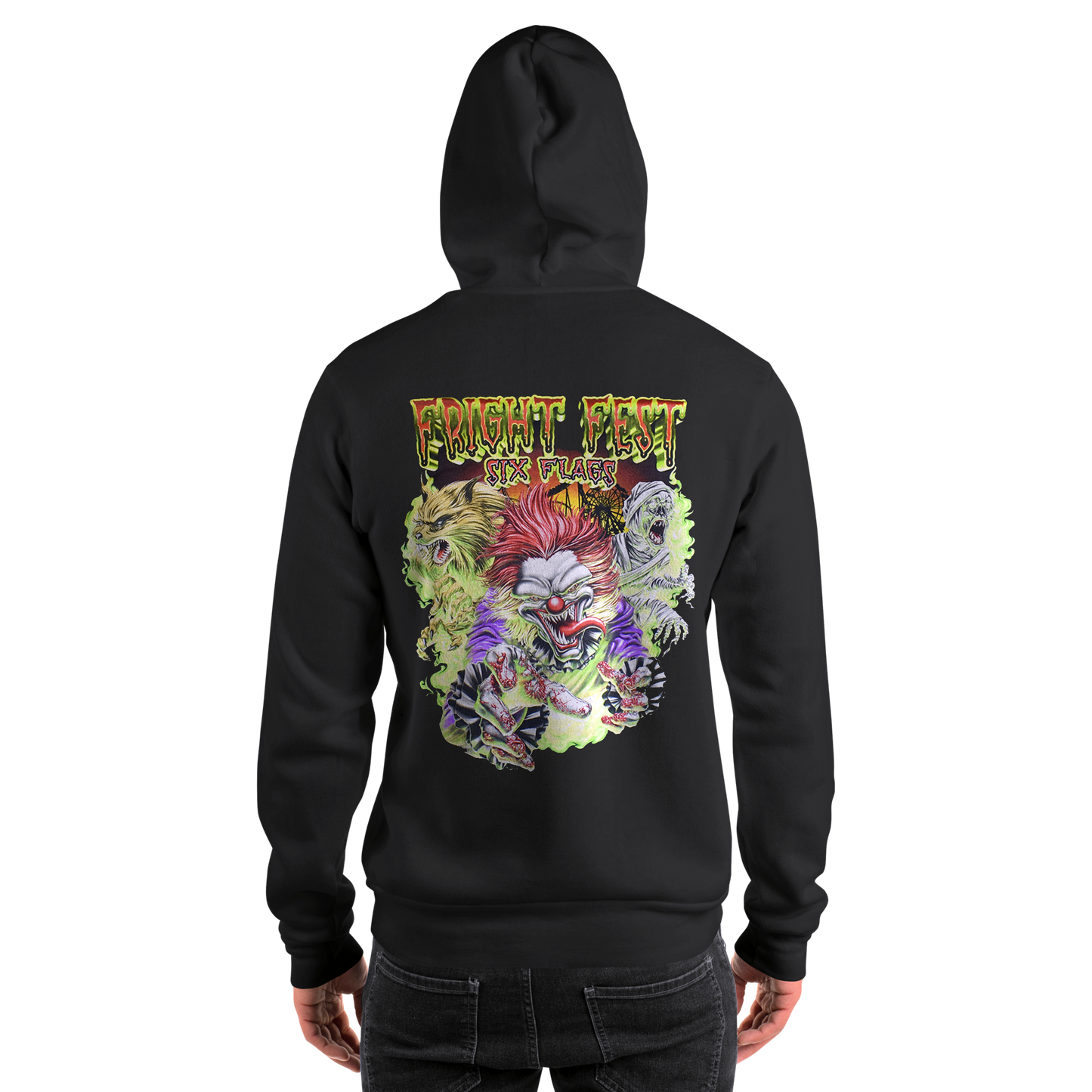 person wearing Frightening Trio Hoodie back view