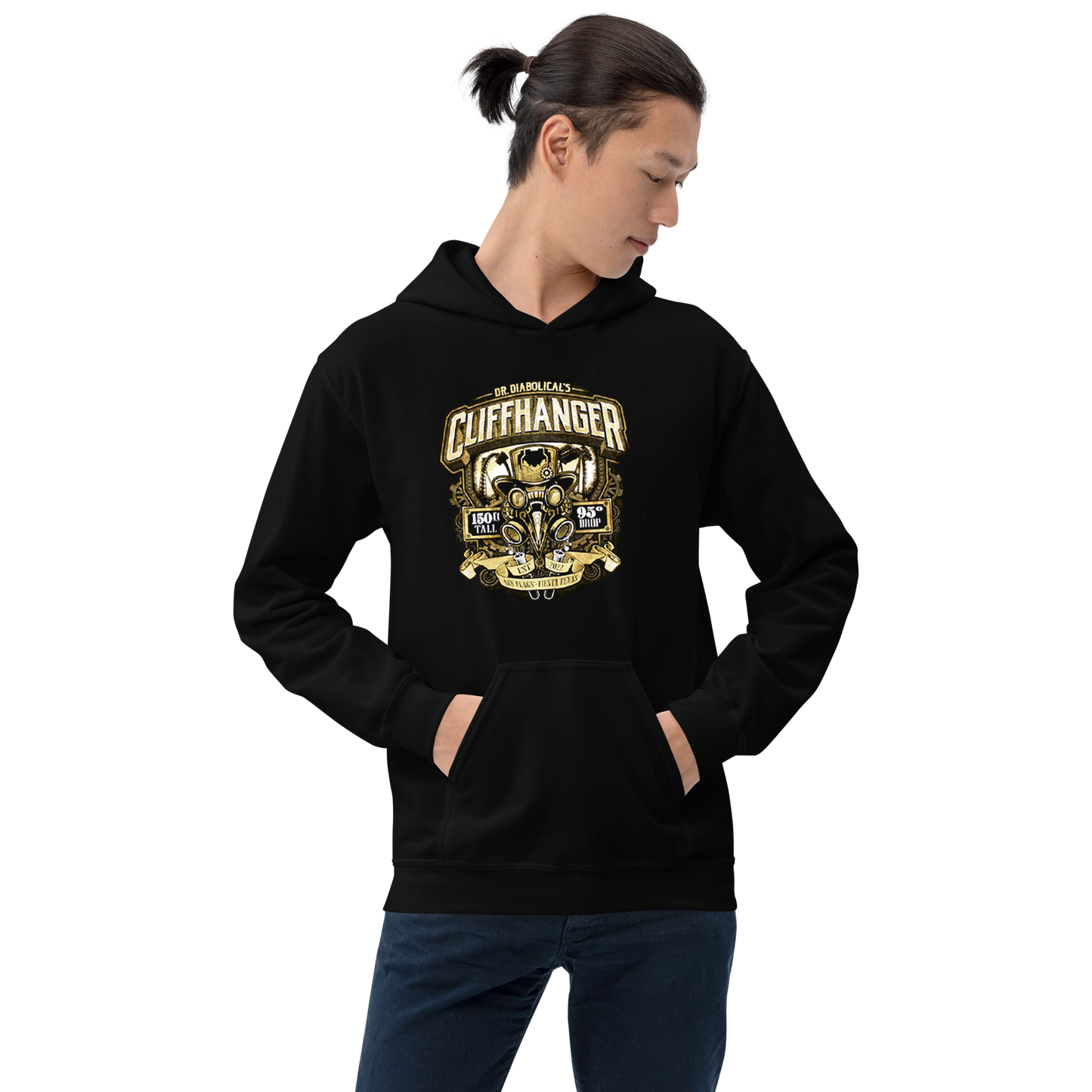 person wearing Dr. Diabolical's Cliffhanger Ride Hoodie