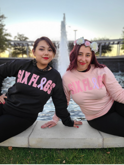 two girls wearing Pink Ribbon Crew Fleeces