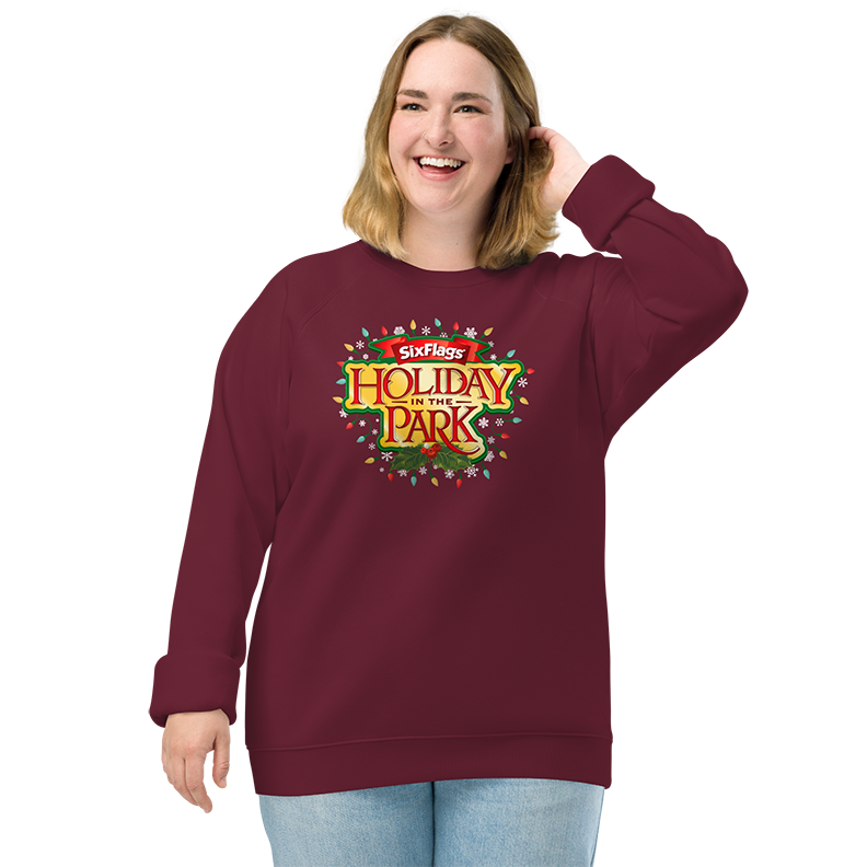 girl wearing Holiday in the Park Unisex Sweatshirt - Maroon