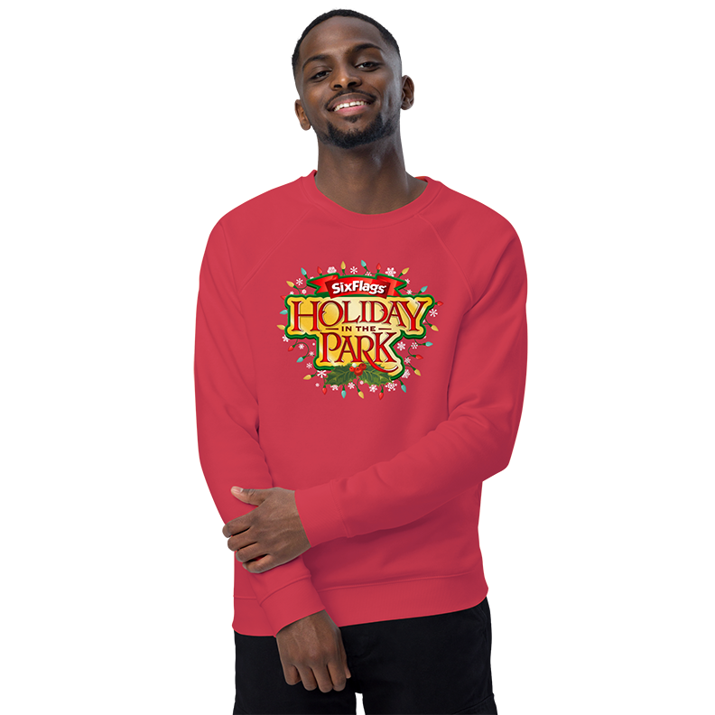 guy wearing Holiday in the Park Unisex Sweatshirt - Red