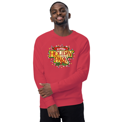 guy wearing Holiday in the Park Unisex Sweatshirt - Red