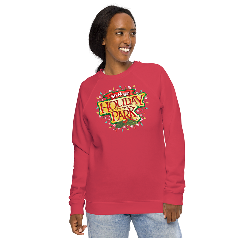 girl wearing Holiday in the Park Unisex Sweatshirt - Red