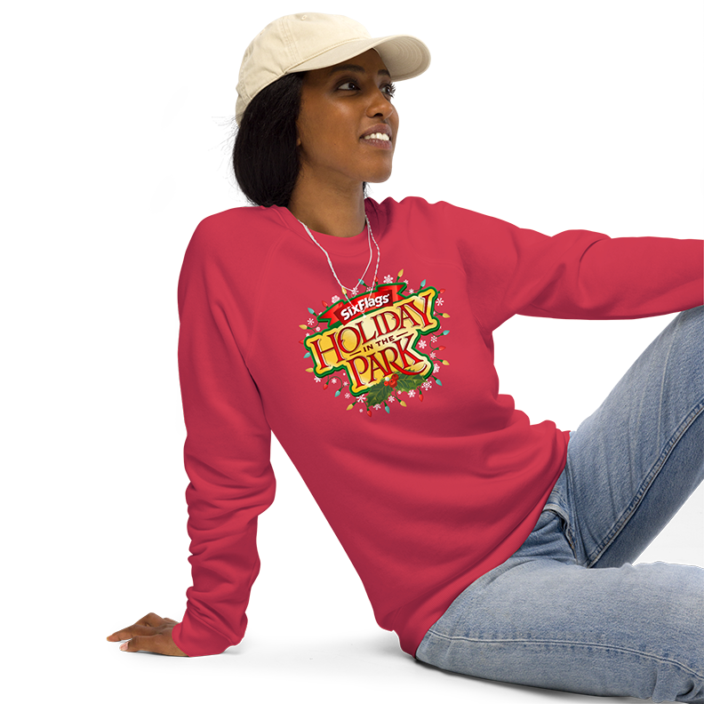 girl in hat wearing Holiday in the Park Unisex Sweatshirt - Red