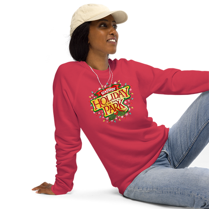 girl in hat wearing Holiday in the Park Unisex Sweatshirt - Red
